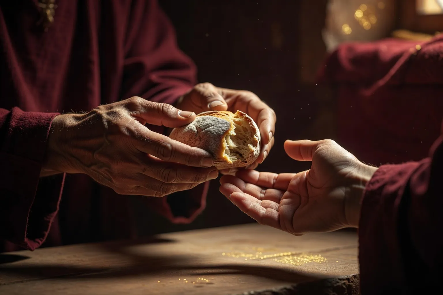 Geste de partage : des mains qui donnent un morceau de pain, symbole de la charité chrétienne