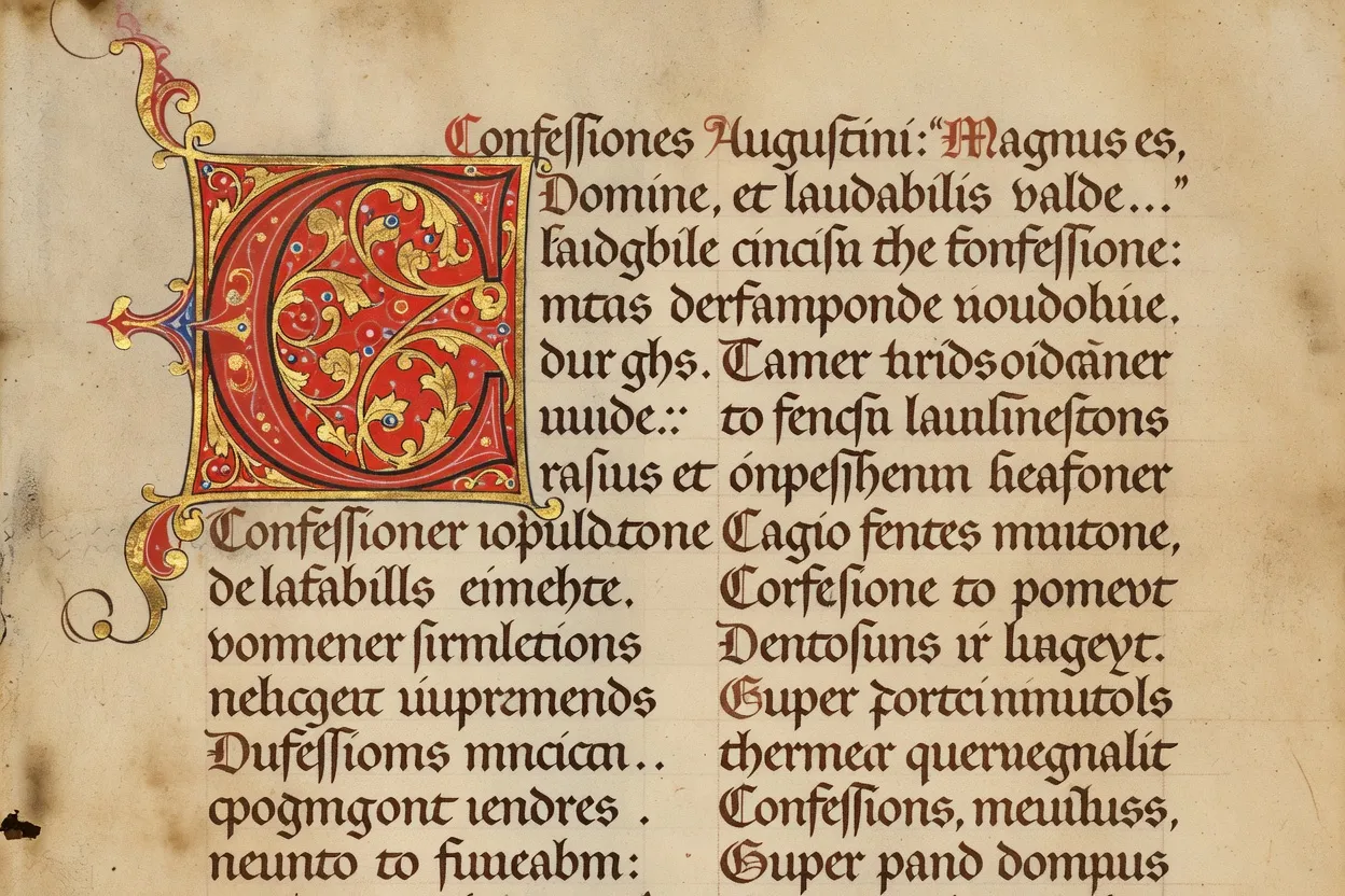 Manuscrit enluminé médiéval des Confessions d'Augustin sur parchemin
