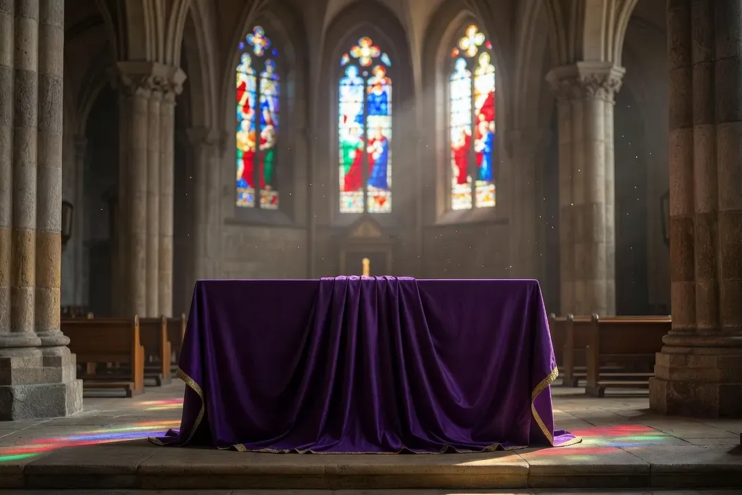 Autel paré de violet liturgique, lumière de nef d’église, profondeur de champ
