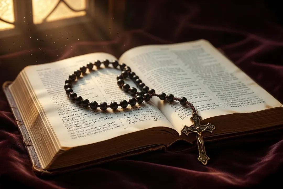 Chapelet en bois posé sur une Bible ouverte