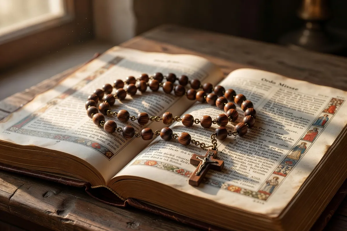 Chapelet aux grains de bois posé sur un missel ouvert au Magnificat, lumière latérale chaude