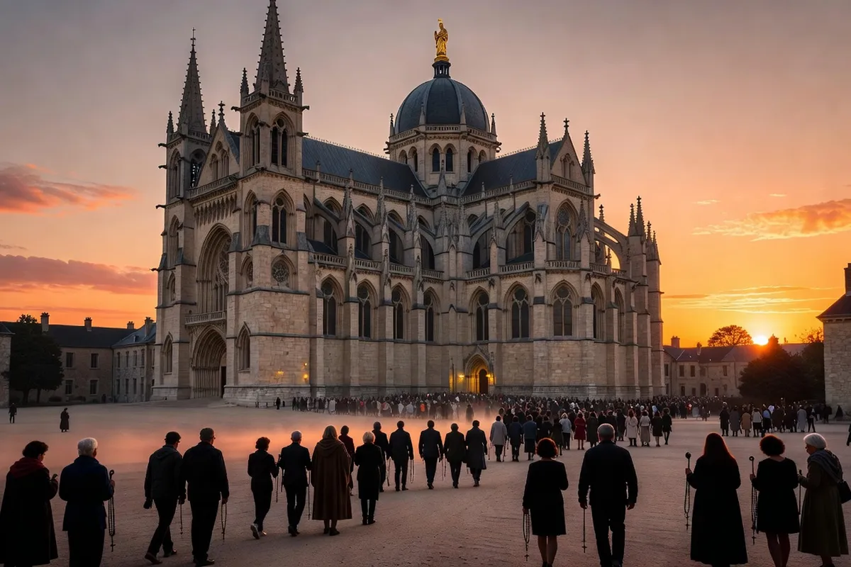 Basilique mariale française vue de l'extérieur au coucher du soleil, pèlerins en silhouette, atmosphère de pèlerinage