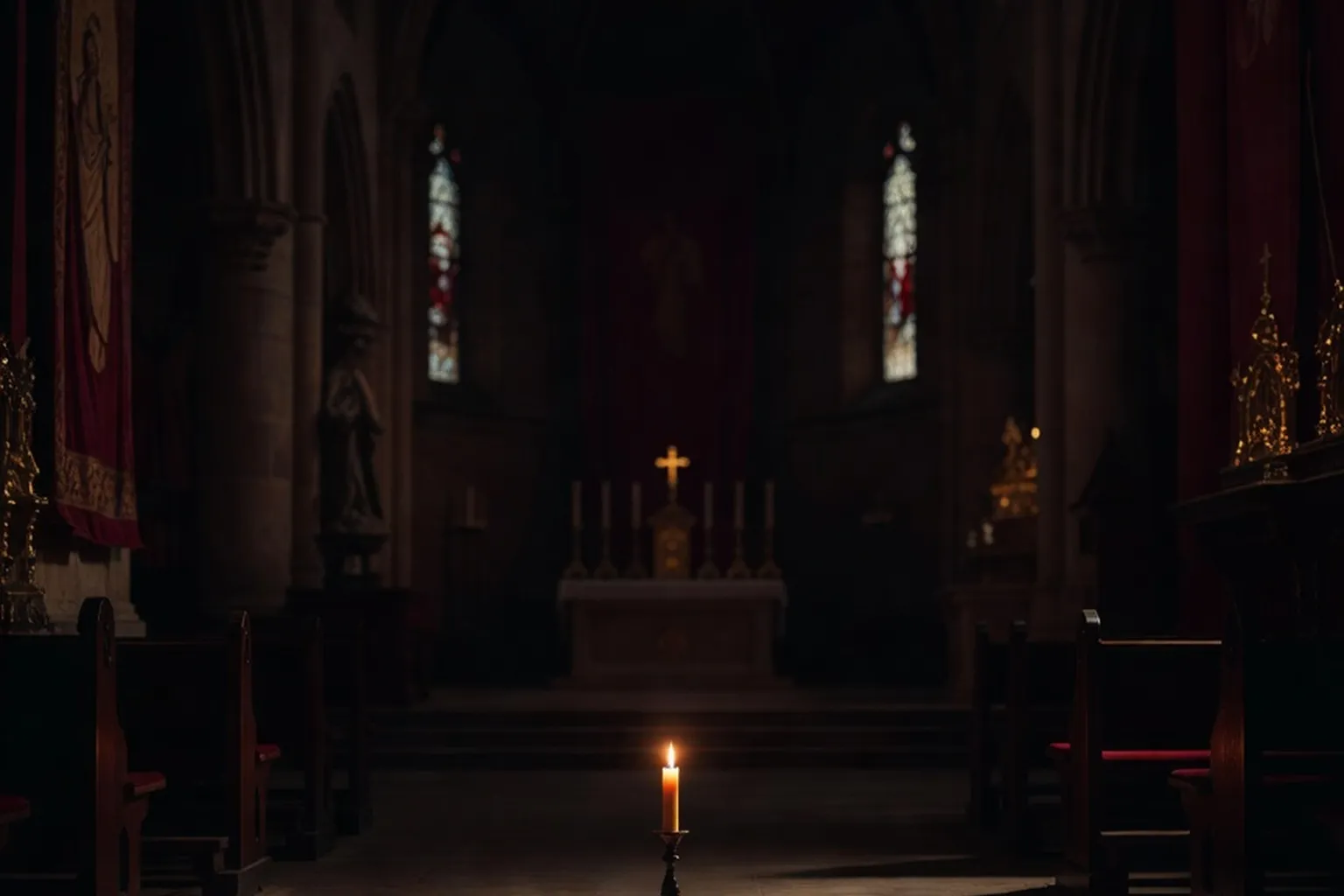 Bougie allumée dans une église silencieuse, symbole de prière pour les défunts et d'espérance