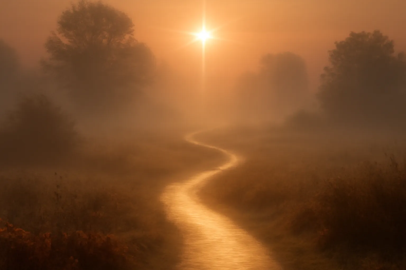Chemin lumineux au lever du jour, symbole de la résurrection et du passage, ambiance sereine