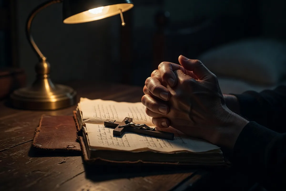 Mains jointes au-dessus d'un carnet et d'un crucifix discret, lumière de lampe, profondeur de recueillement