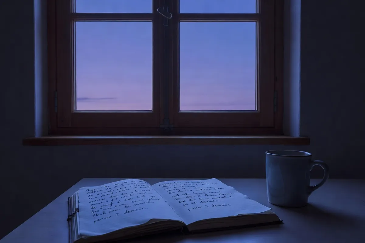 Fenêtre au crépuscule vue d'une pièce calme, lumière bleutée du soir, ambiance de bilan de journée
