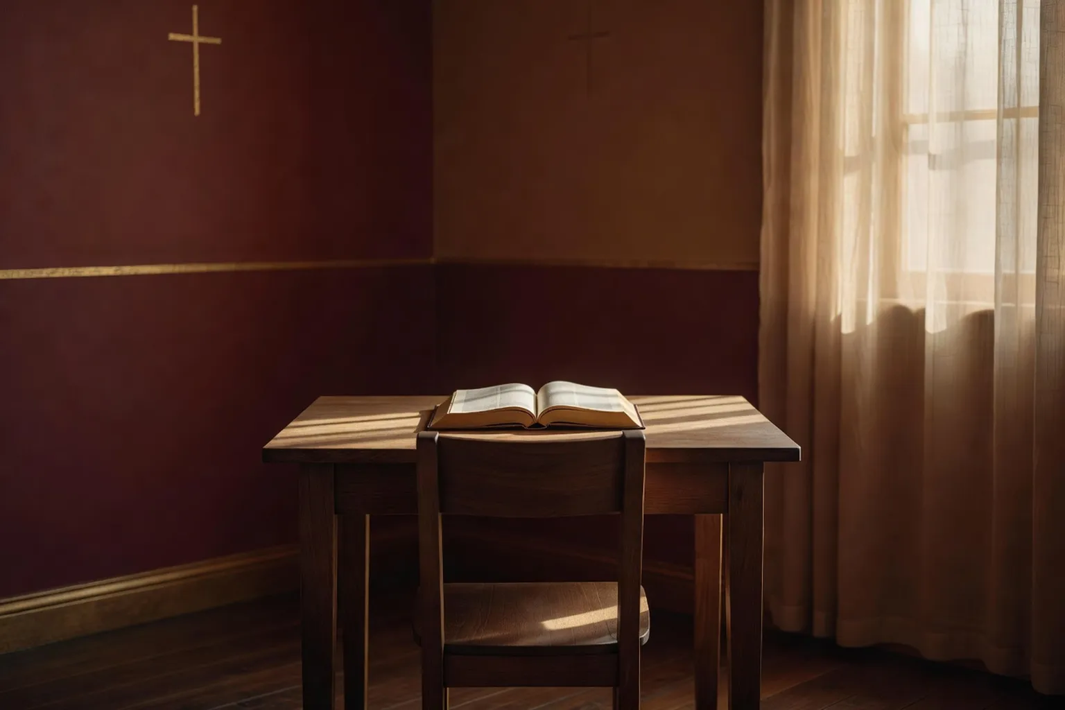 Salle de retraite silencieuse avec chaise et bible ouverte, lumière douce, ambiance de recueillement individuel