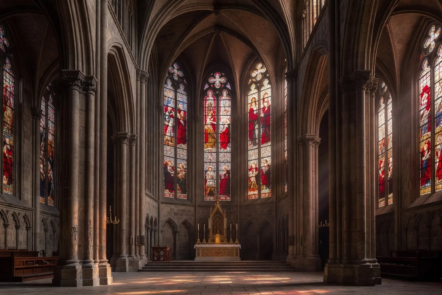 Intérieur d'une cathédrale gothique rhénane, vitraux colorés, ambiance mystique médiévale allemande