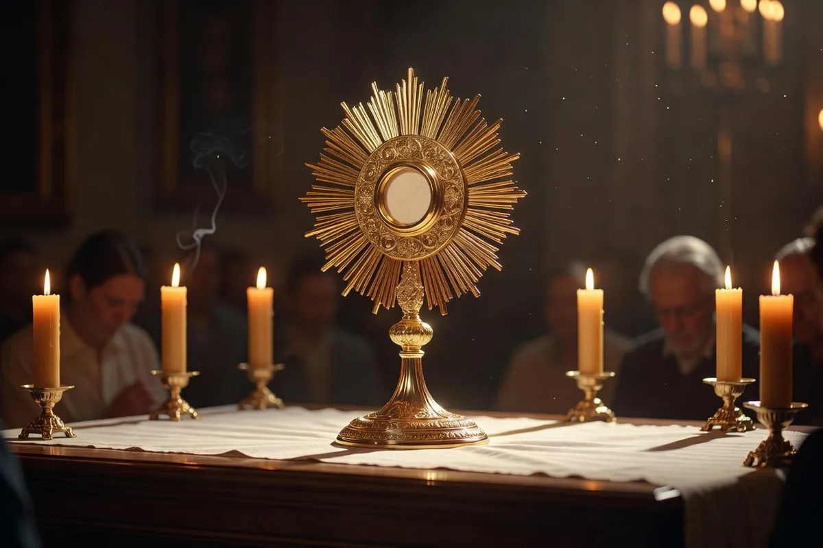 Ostensoir doré rayonnant sur un autel, cierges allumés, atmosphère d'adoration eucharistique, lumière chaude