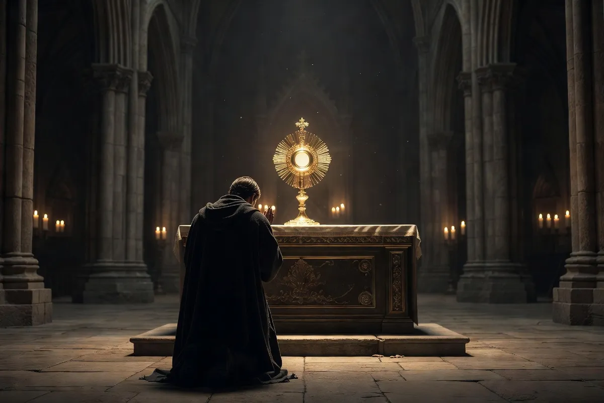 Fidèle agenouillé seul en adoration silencieuse devant le Saint-Sacrement, vue de dos, lumière tamisée