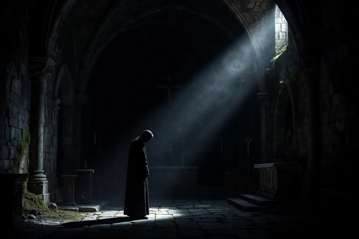 Silhouette seule dans une chapelle sombre, un unique rai de lumière traversant l'obscurité, symbolisme de la nuit obscure