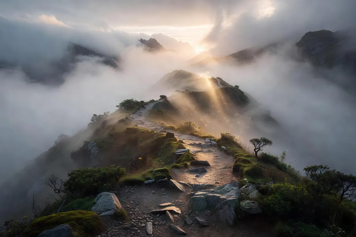 Sentier de montagne dans la brume au lever du jour, chemin escarpé, symbolisme de la traversée spirituelle