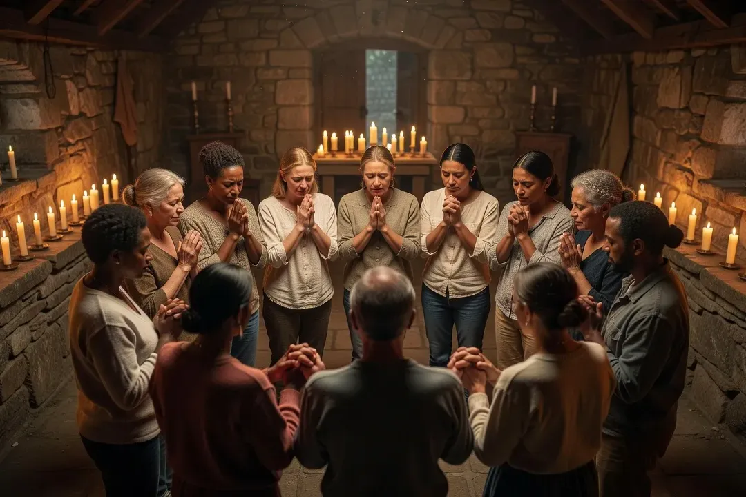 Groupe en prière d'intercession dans une chapelle, mains jointes en cercle