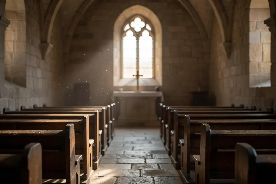 Intérieur d'une chapelle monastique, lumière filtrée, bancs vides, profondeur du silence