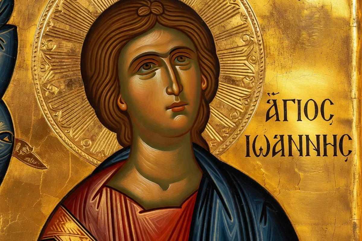 Détail d'une icône byzantine avec inscriptions grecques (hésychasme, theosis), fond or, style orthodoxe