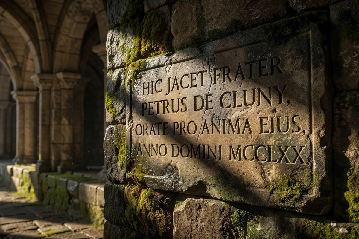 Pierre gravée d'inscriptions latines dans un cloître ancien, lumière rasante, mousse, patine du temps