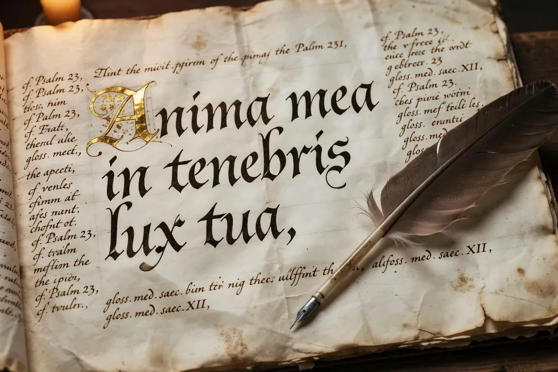 Texte latin calligraphié sur parchemin avec traduction marginale, plume d'oie