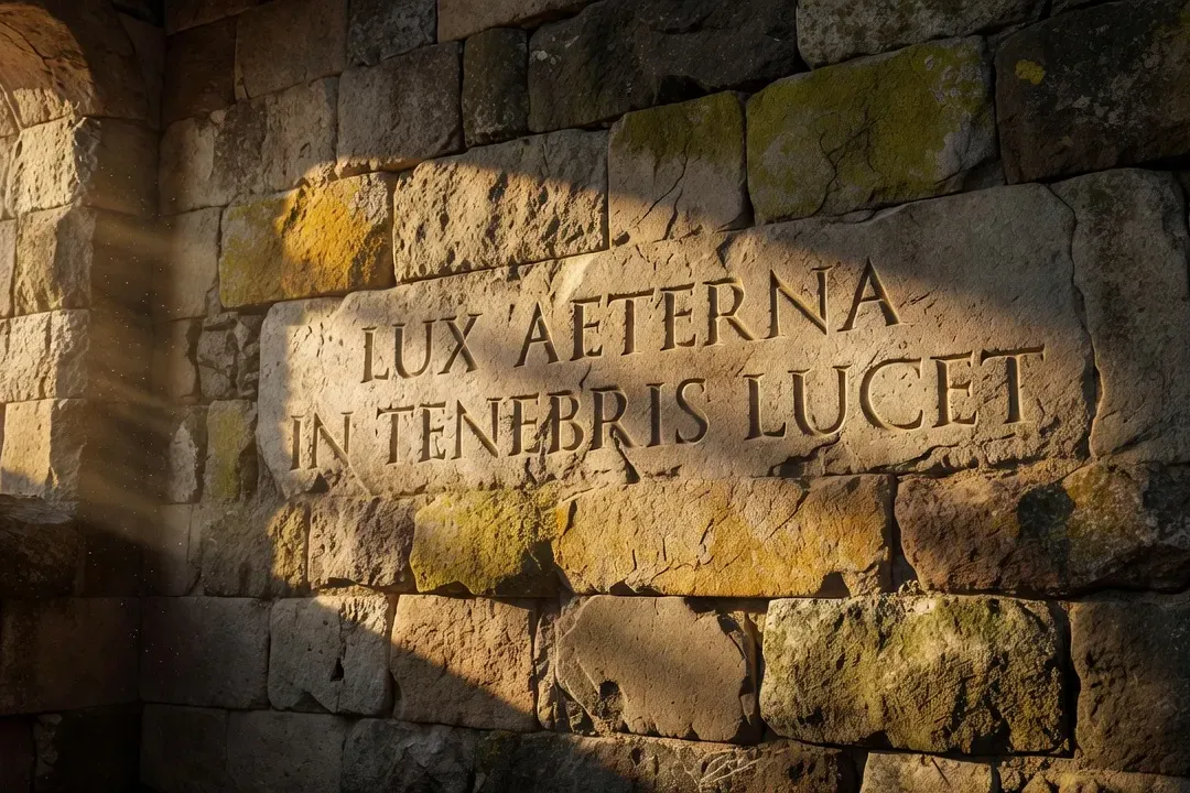 Vieilles pierres d'un monastère avec inscription latine gravée, lumière rasante