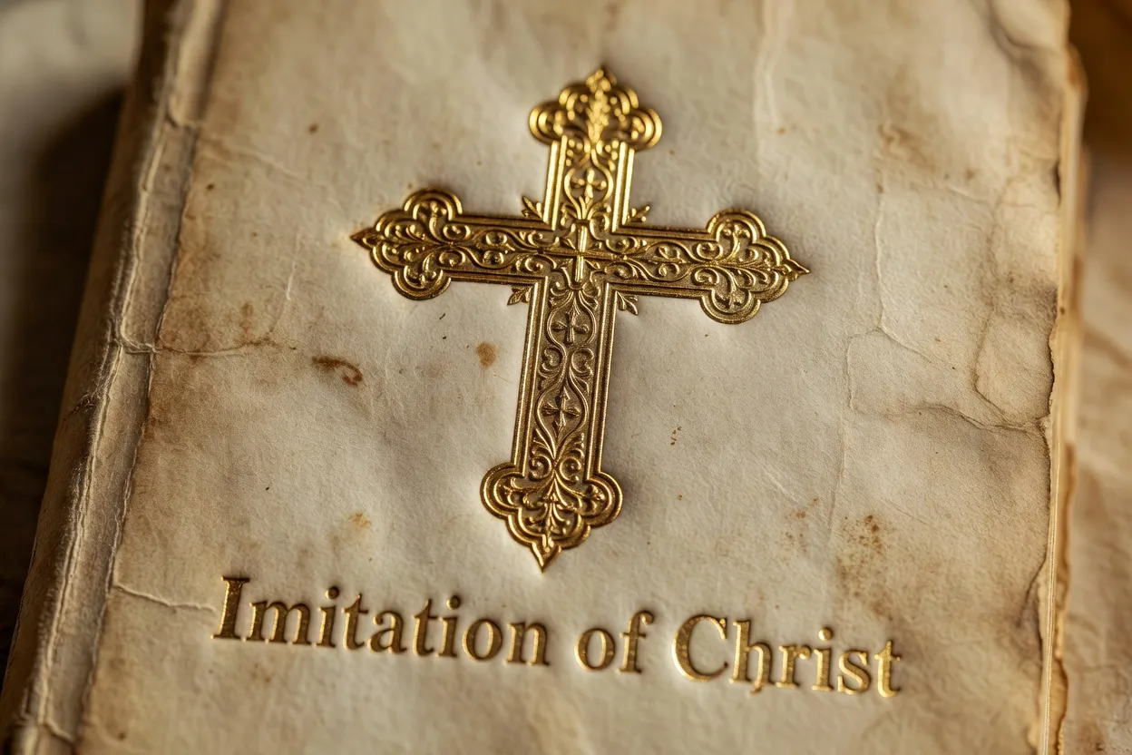 Couverture ornée de l’Imitation de Jésus-Christ, édition ancienne sur fond parchemin