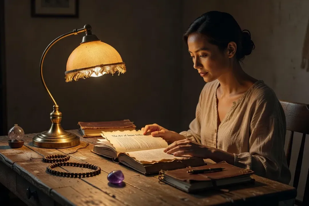 Lecteur plongé dans un livre de spiritualité, lumière de lampe, ambiance recueillie