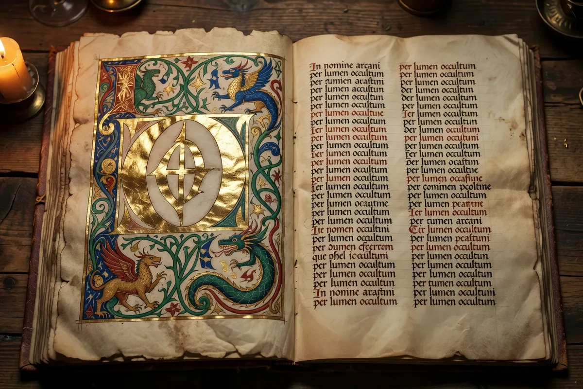 Manuscrit mystique médiéval ouvert avec enluminure dorée et texte calligraphié, fond parchemin