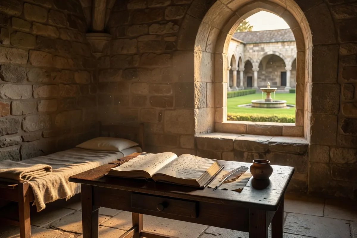 Une cellule monastique avec un livre, une plume et une fenêtre donnant sur un cloître, lumière de fin de journée