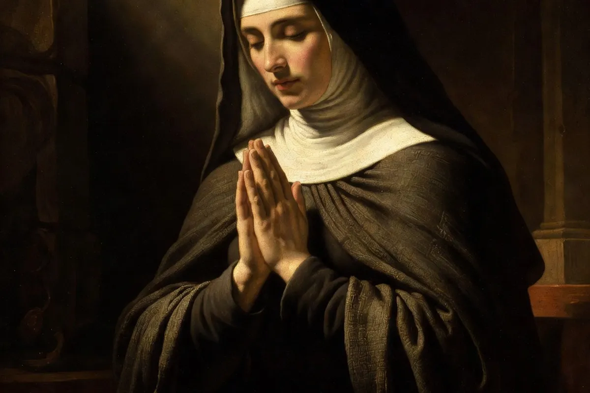 Portrait de style baroque de Thérèse d'Avila en prière, inspiration peinture du Siècle d'or espagnol, fond sombre
