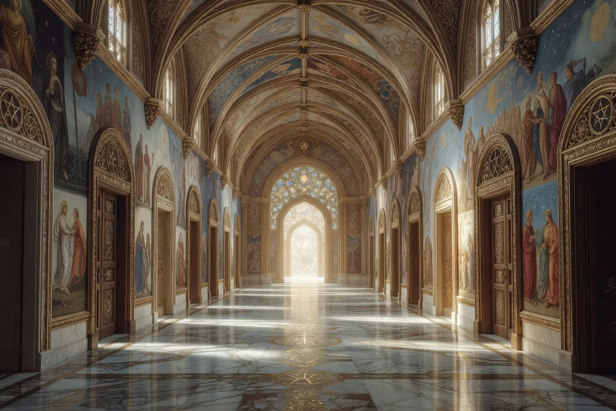 Château intérieur symbolique : enfilade de pièces lumineuses, perspective vers une lumière centrale, allégorie des sept demeures