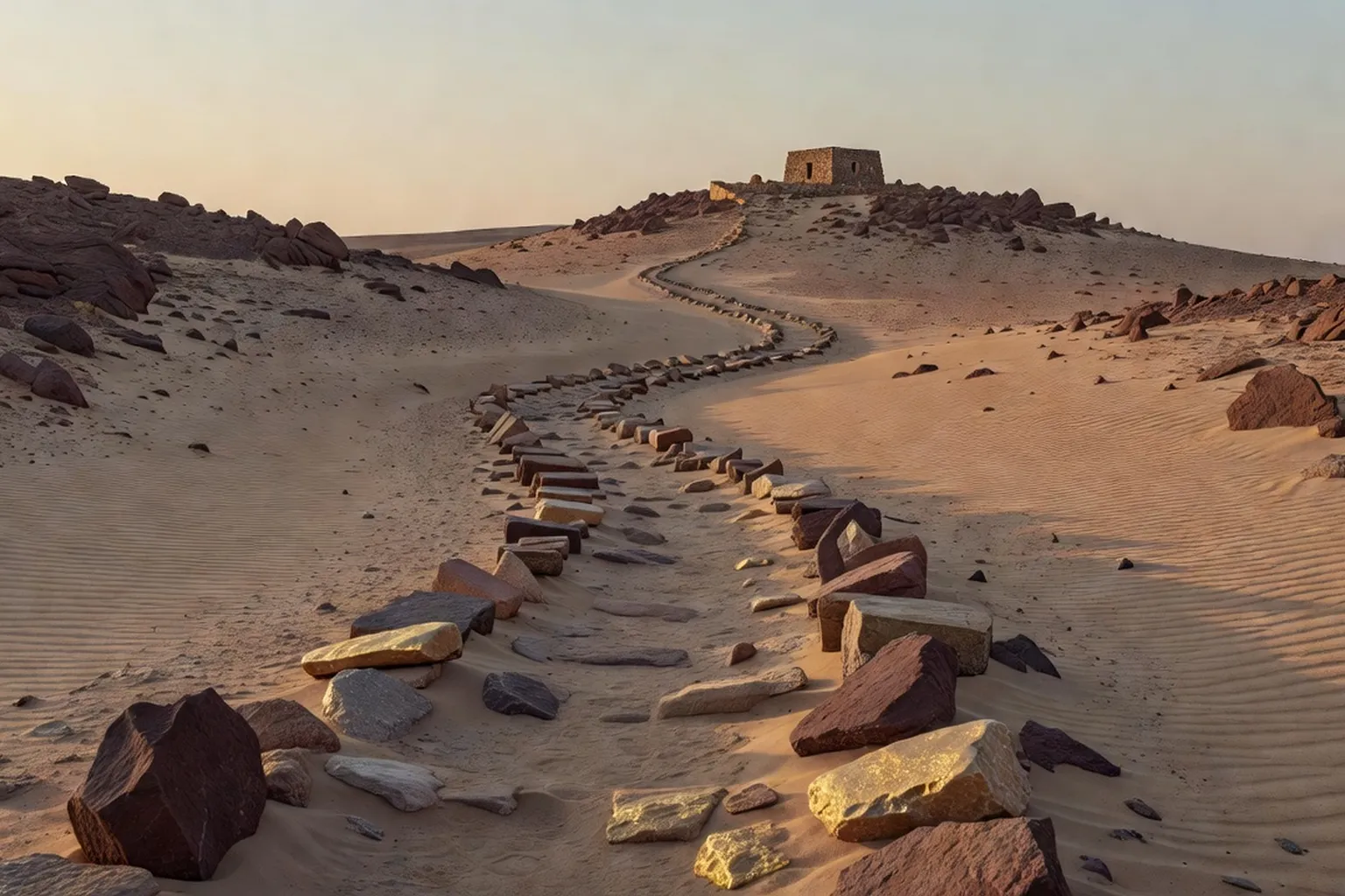 Chemin désertique isolé menant vers un ermitage lointain, symbole du retrait spirituel