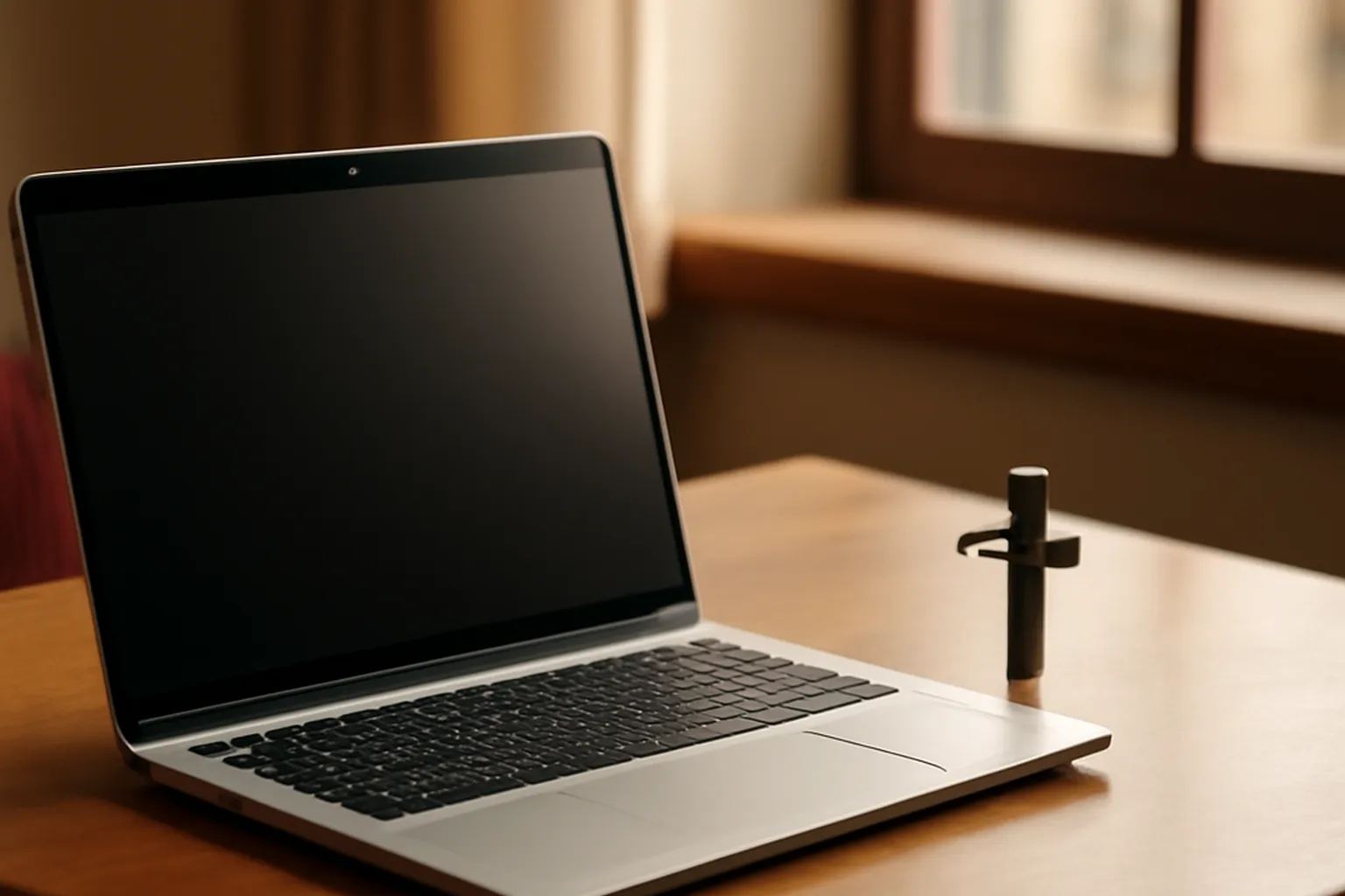 Bureau ordinaire avec ordinateur et une petite croix discrète, symbole de la vie professionnelle habitée par la foi