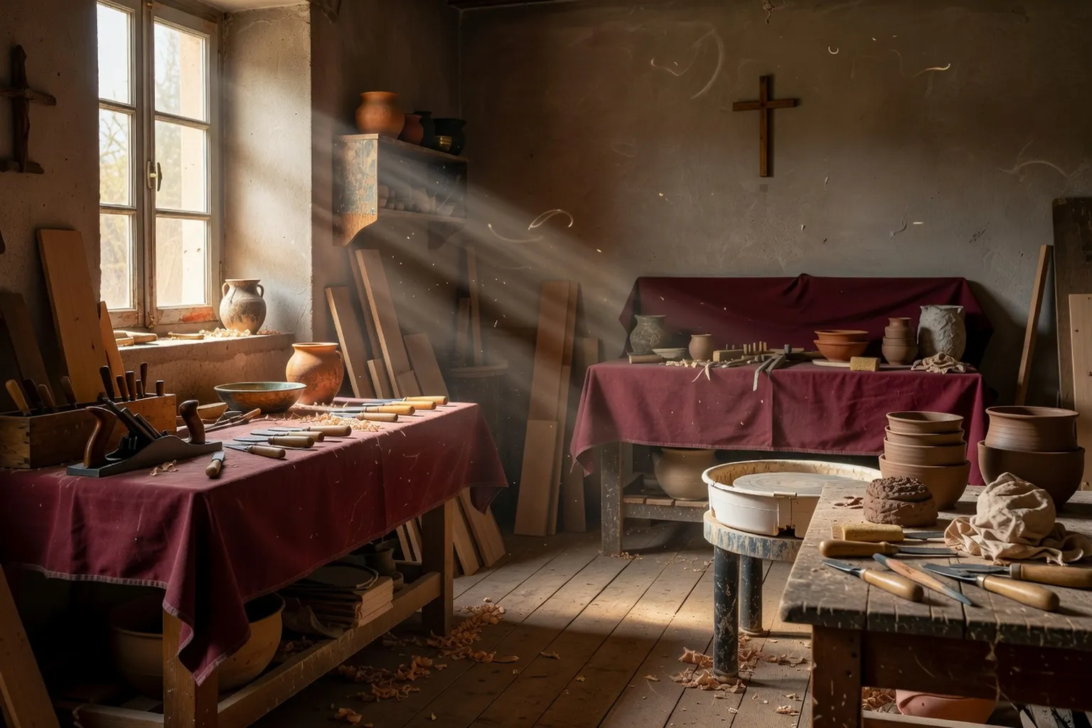 Atelier d'artisan, menuiserie ou poterie, lumière naturelle, symbole de la vocation dans le travail manuel