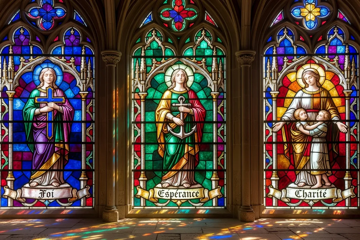 Vitrail représentant la foi, l'espérance et la charité, lumière colorée traversante, style gothique