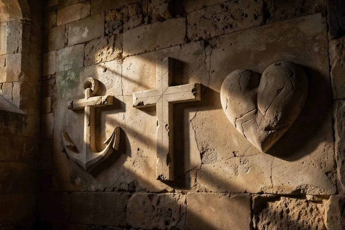 Ancre, croix et cœur sculptés dans la pierre d'une église ancienne, symboles traditionnels des trois vertus, lumière rasante